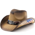 Cappello da cowboy in paglia sfumata marrone con nastro bandiera USA e stemma in metallo - M (56-58cm) / Cachi Sfumato