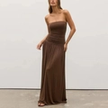 Detail shot of the strapless pleated bodice on this elegant brown maxi dress - S / Coffee