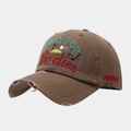 Close-up of vintage distressed brim and high-quality golf themed embroidery on brown cap - Adjustable / Dark Brown