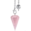 Macro shot of faceted pink rose quartz hexagonal prism pendant with silver metal chain - Rose Quartz