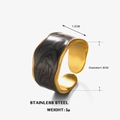 Verstellbarer Edelstahlring mit grauer Marmortextur und vergoldeten Kanten - Goldener Breiter Bandring - Schwarze Marmortextur