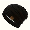 Gorro de punto de cable negro con forro polar grueso y parche de cuero decorativo - Negro