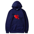 Navy blue hoodie with me & you red heart print for Valentine's Day style - S / Tops / Navy Blue