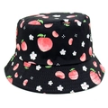 Cappello a secchiello reversibile in cotone nero con pesche rosa e fiori bianchi - M (56-58cm) / Nero