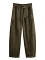 Detail of olive green high waist trousers featuring silver D-ring buckle and suede texture - XS / Army Green