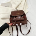 Vintage brown plaid backpack for women featuring red-green tartan and pearl drawstring - Brown