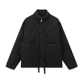 Women's black quilted jacket with stand collar, large pockets and front zipper closure - XS / Black
