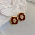 Vintage gold stud earrings featuring deep red enamel and a central faux pearl accent - Vintage Relief Pearl Studs (22) / Burgundy