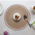 Japanese style round jute placemat with white lace fringe and floral print - Type R No Fringe