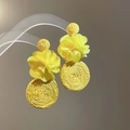 Handmade yellow raffia flower drop earrings with fabric petal details for summer - Straw Ball Fabric Flower Long Style (12# Silver Earring Post - Yellow)