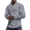 Detail showing high-quality waffle texture and 1/4 zipper on gray long sleeve shirt - Light Gray