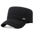Men's winter thick wool flat top cap in black featuring a metal mountain sport badge - Adjustable / Black