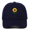 Close-up of sunflower embroidery on navy blue cotton baseball cap with fine stitching - Navy Blue