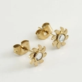Macro shot of gold sun-shaped gear earrings with crystal center on a clean background - Sunburst Inlaid Diamond Style (467-Gold) / Gold