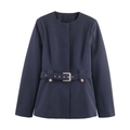 Detail of navy blue blazer with a round neck and belt with a golden square buckle - XS / Navy Blue Cardigan