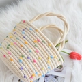 Chic beige cotton rope woven tote bag with colorful pom-poms and knotted handles - Beige Pom Pom