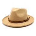Detail view of khaki wool fedora hat featuring a brown decorative band and metal buckle - M (56-58cm) / Camel