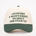 Close-up of fine embroidery on a vintage two-tone cotton adjustable baseball cap - One Size / Cream/Dark Green