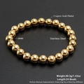 Golden 8mm stainless steel beaded stretch bracelet with triple-layer gold plating - 8mm/24 Beads / Gold