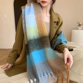 Écharpe à carreaux style cachemire bleu marron et beige avec détails à franges - 32# Bleu Marron Beige Gris à Carreaux