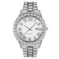 Macro view of iced out hip hop watch with silver dial, crystals, and date window - Silver Case White Dial