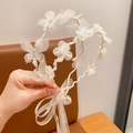 White lace headband with mesh flowers, pearls, and ribbon streamers for girls - 2-Pack Butterfly & Ethereal Flower