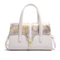 White faux lizard leather handbag with purple floral lid and gold twist lock - White