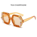 Oversized square tea sunglasses with champagne rhinestones and floral accents - Tea/Champagne