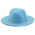 Detailed texture of light blue fedora sun hat with silver faux leather buckle band - M (56-58cm) / Lake Blue