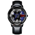 Men's fashion quartz watch with black car wheel rim dial and black leather strap - Leather Strap / Blue