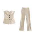 Beige two-piece women's set featuring a strapless buttoned top and straight-leg trousers - S / Top And Bottom / Off White