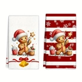 Christmas microfiber kitchen towels set with gingerbread man print and red striped pattern - Design 8 (2PCS)