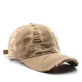 Distressed khaki cotton baseball cap with vintage frayed holes and adjustable strap - Khaki