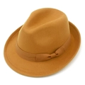Close-up of a classic fedora hat in brown orange felt with matching grosgrain ribbon bow - Khaki