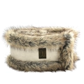 Close-up of winter faux fur headband with premium leather patch and soft plush lining - XL (58-60cm) / Neck Warmer / Off White