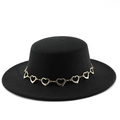 Cappello boater nero in lana con elegante catena dorata a forma di cuori decorata - Catena in Metallo Cuore Oro