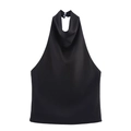 Elegant black halter neck satin top with backless design and dual button closure - S / Black