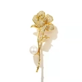 Elegant gold rose brooch pin with micro-pave crystals and a white round pearl accessory - Rose/Camellia Brooch / Gold