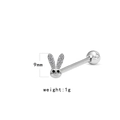Vue détaillée du piercing de langue lapin argenté avec strass de 9mm et 1g - Taille US 9