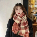 Maillard red and beige plaid gradient thick scarf with tassels on female model - Double-Sided Red Beige