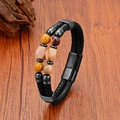 Men's double-layer tiger eye bead and braided leather bracelet with stainless steel clasp - Mixed Stone Beads