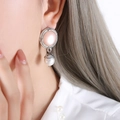 Silver retro C-shape earrings with pink stone and white pearl pendant for women - F912 Steel Color Earrings