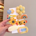 8-piece set of cartoon kids hair clips with knit flowers and rainbow designs - 458 Yellow Rainbow 8pcs Set