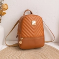 Brown mini backpack featuring V-quilted faux leather and a golden metal logo plate - Dark Brown