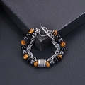 Bracelet double couche en acier inoxydable pour homme avec oeil de tigre et onyx noir - Oeil de Tigre Jaune - Bracelet en Acier Inoxydable