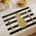 Modern placemat with black and white stripes featuring a golden glitter pineapple design - Golden Pineapple Black White Stripes