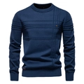 Detailed close-up of dark blue knit sweater collar with size M label on white background - S / Blue