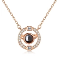 Rose gold projection necklace with crystal circle pendant and 100 languages of I love you - Square-Circle Rose Gold