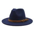 Close-up of navy blue wool fedora hat featuring a brown leather band and gold buckle - M (56-58cm) / Navy Blue