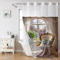 Detail of 3D digital floral shower curtain with luxury chair print and white hanging rings - Classical Interior - Single Curtain / 181x188cm